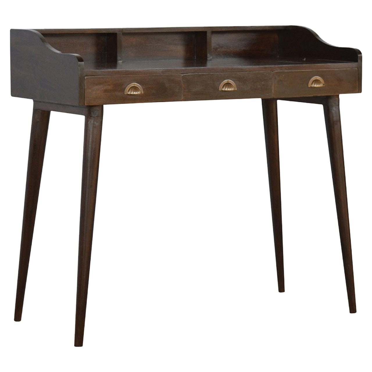 Walnut Gallery Shell Writing Desk - Solid Mango Wood Writing Table for Home Office - main view showing handcrafted solid...
