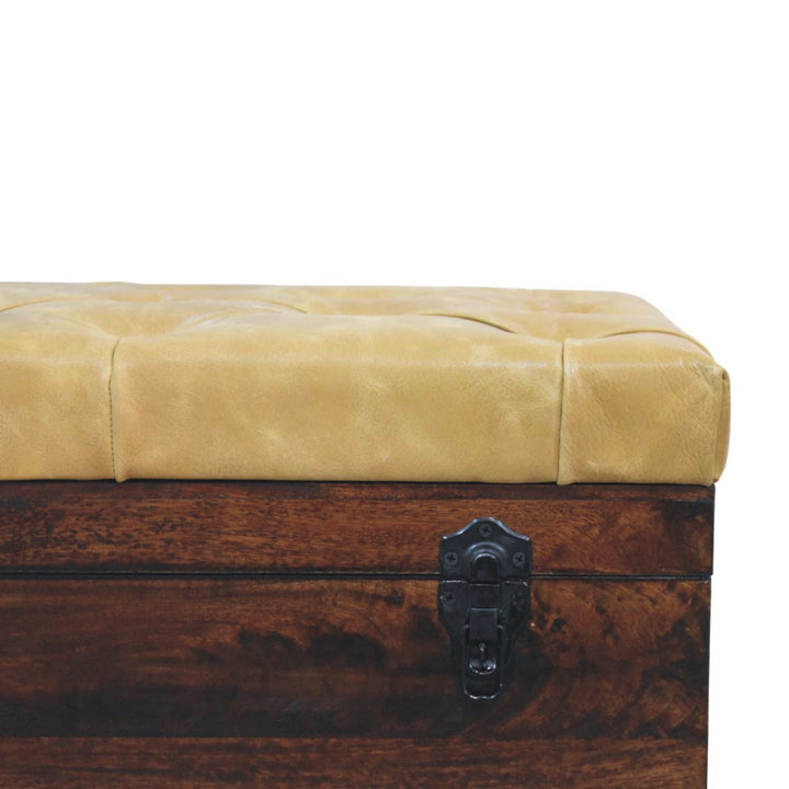 Walnut Storage Trunk Bench with Tan Leather Seat in Solid Mango Wood - product view 3 showing handcrafted solid mango...