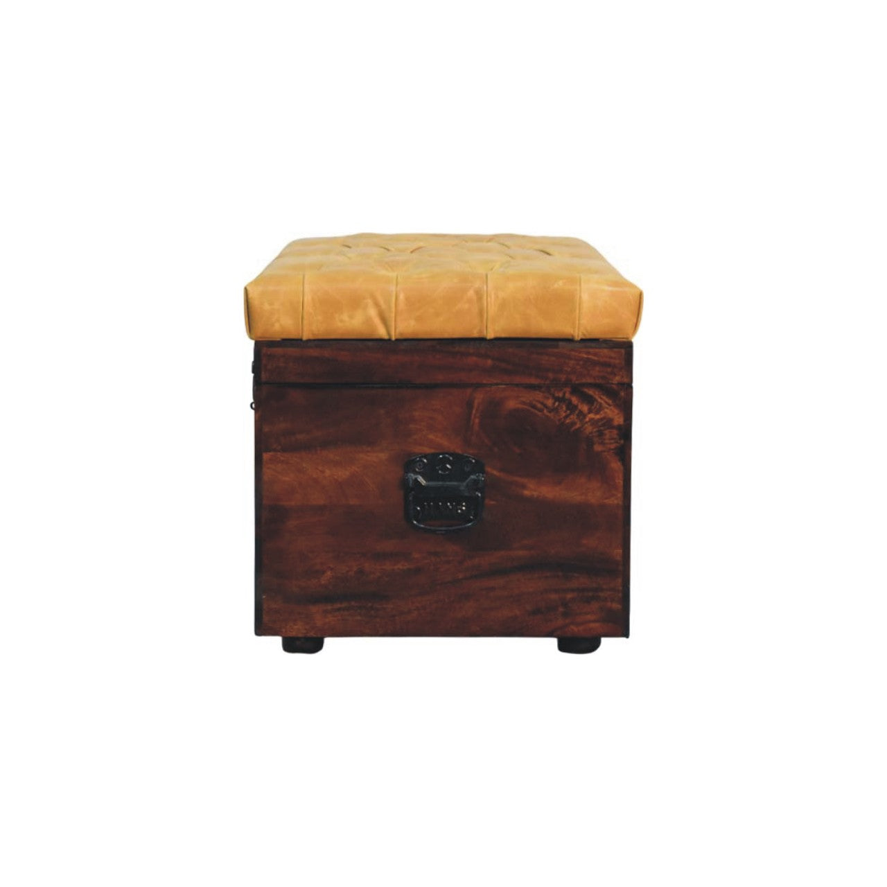 Walnut Storage Trunk Bench with Tan Leather Seat in Solid Mango Wood - product view 7 showing handcrafted solid mango...
