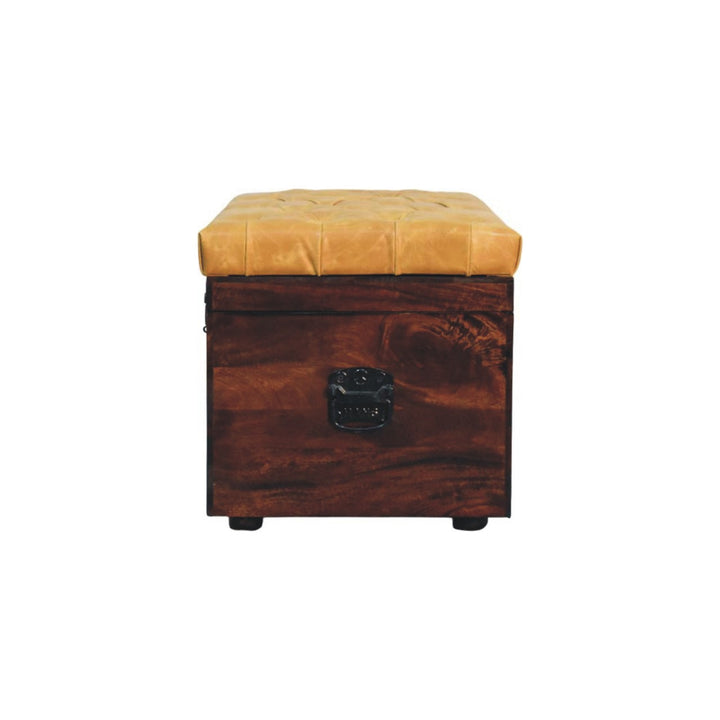 Walnut Storage Trunk Bench with Tan Leather Seat in Solid Mango Wood - product view 7 showing handcrafted solid mango...