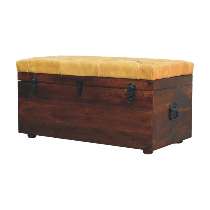 Walnut Storage Trunk Bench with Tan Leather Seat in Solid Mango Wood - product view 2 showing handcrafted solid mango...