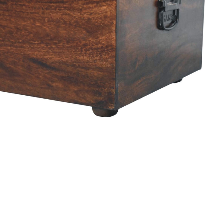 Walnut Storage Trunk Bench with Tan Leather Seat in Solid Mango Wood - product view 8 showing handcrafted solid mango...