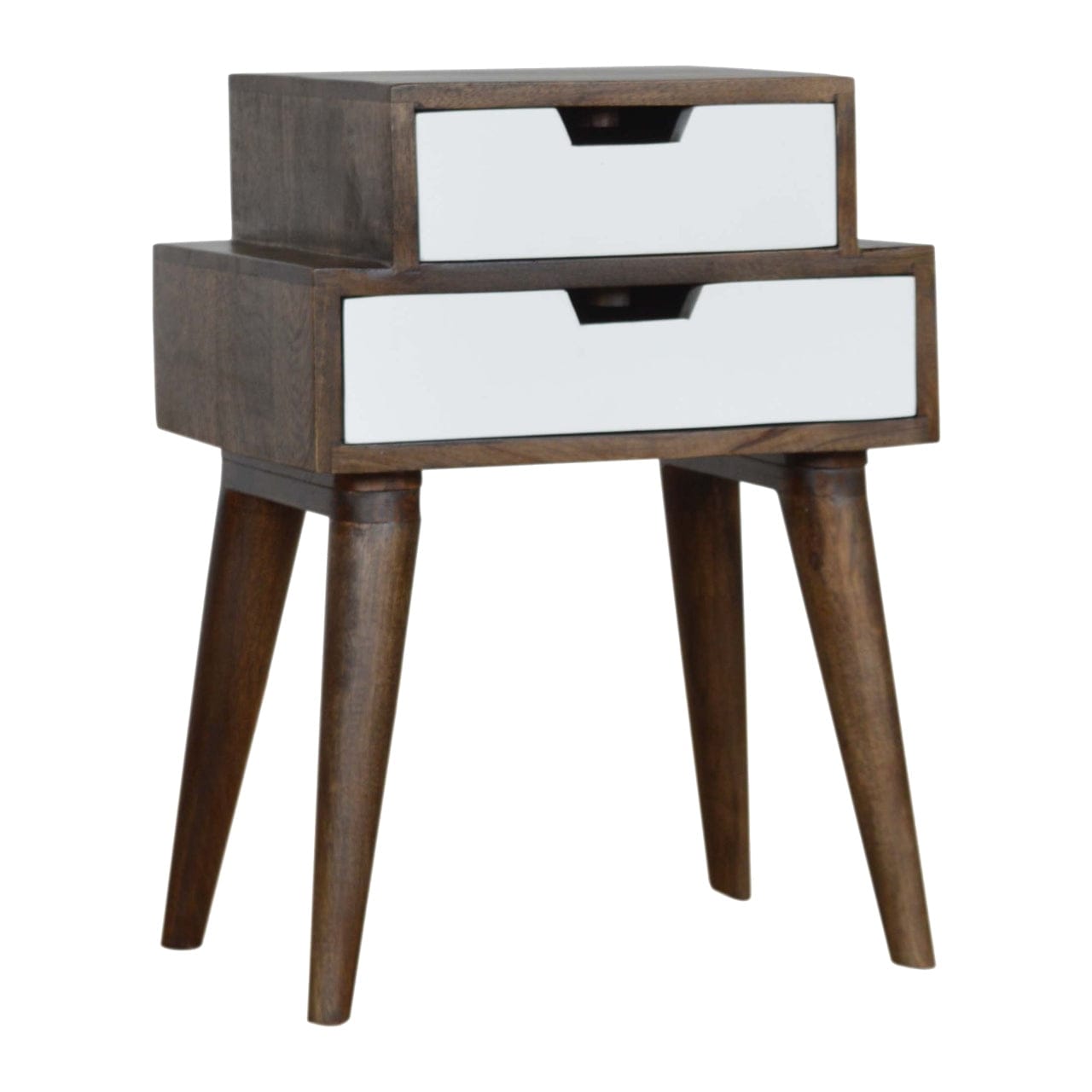 Walnut and White Painted Nightstand - Solid Mango Wood Bedside Table for Bedroom - product view 2 showing handcrafted...