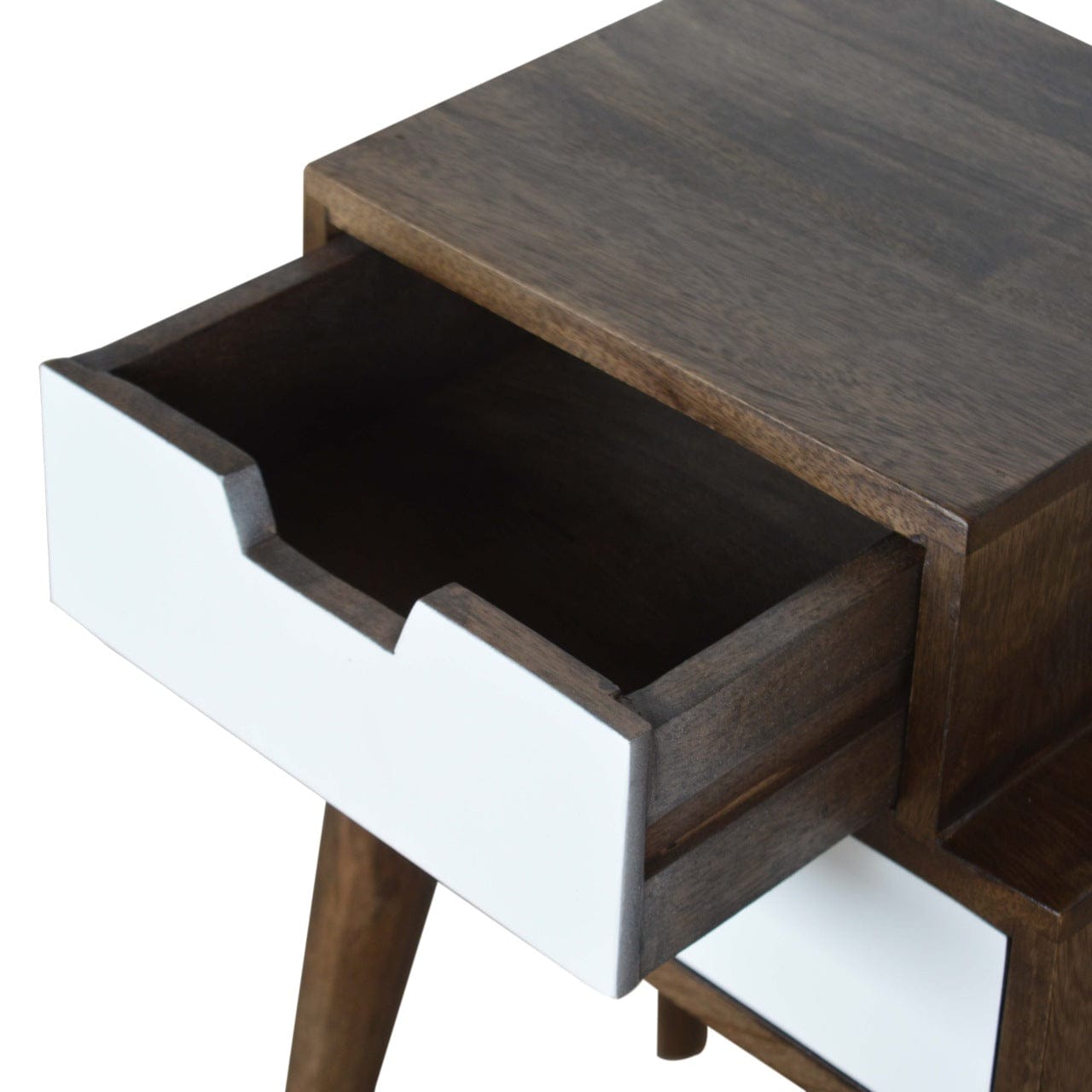 Walnut and White Painted Nightstand - Solid Mango Wood Bedside Table for Bedroom - product view 5 showing handcrafted...