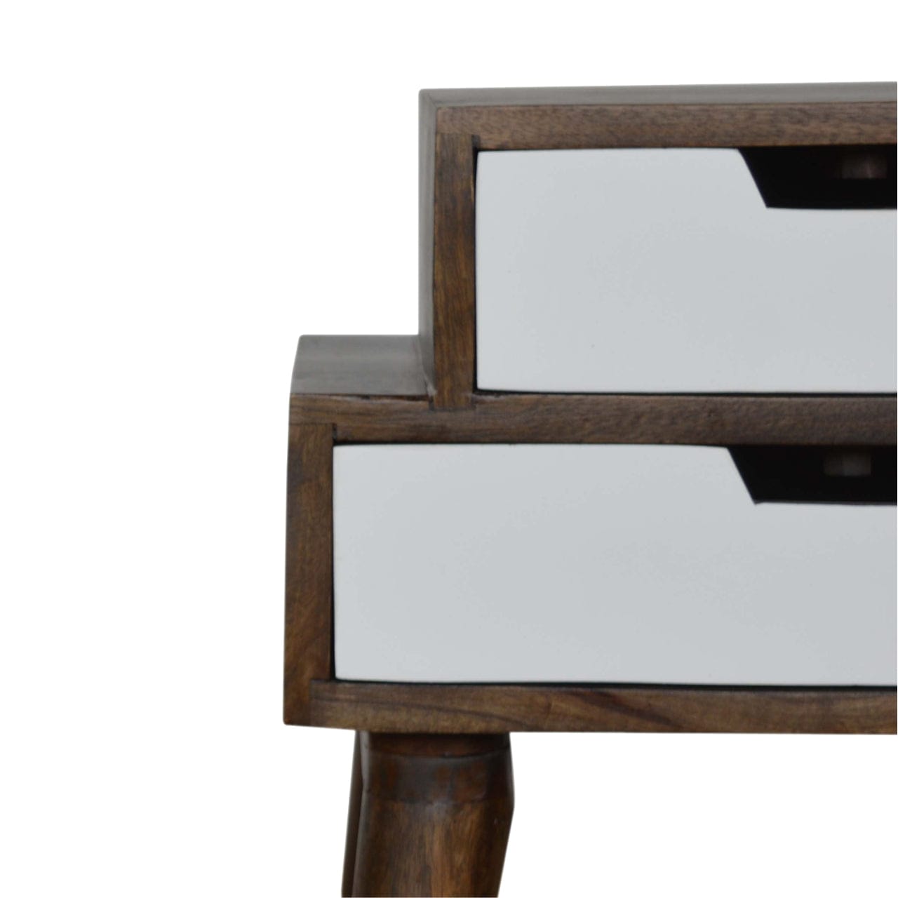Walnut and White Painted Nightstand - Solid Mango Wood Bedside Table for Bedroom - product view 3 showing handcrafted...