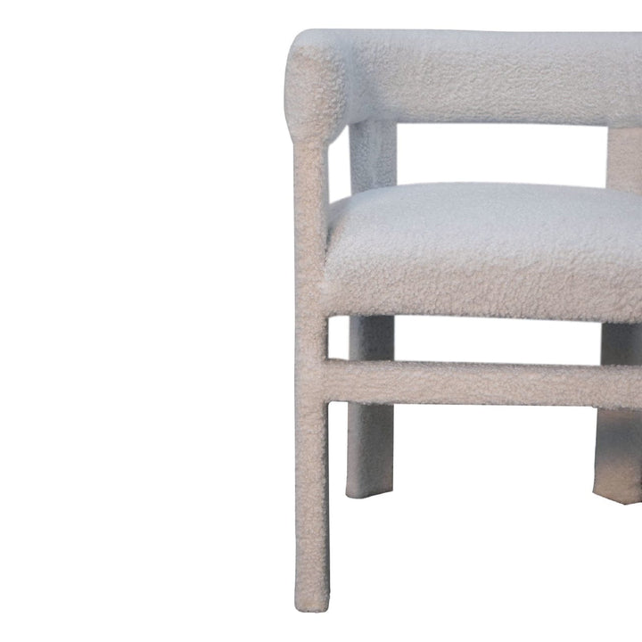 White Boucle Occasional Chair in Solid Mango Wood - product view 5 showing handcrafted solid mango wood chair