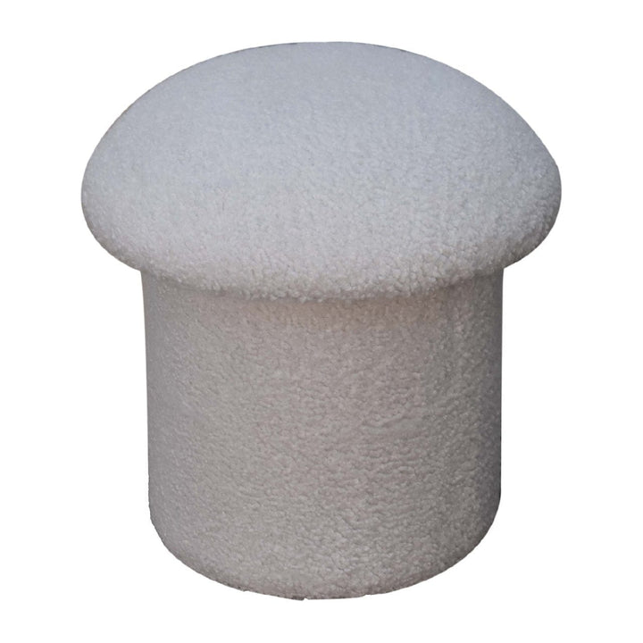 White Boucle Mushroom Footstool - Solid Mango Wood Accent Stool for Living Room - product view 3 showing handcrafted...