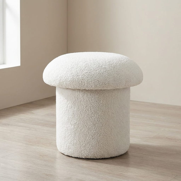 White Boucle Mushroom Footstool - Solid Mango Wood Accent Stool for Living Room - main view showing handcrafted solid...