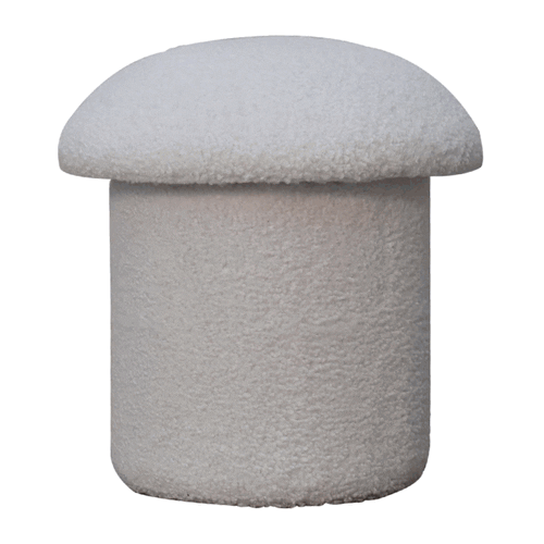 White Boucle Mushroom Footstool - Solid Mango Wood Accent Stool for Living Room - product view 8 showing handcrafted...