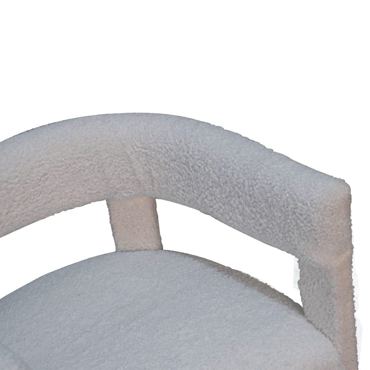 White Boucle Occasional Chair in Solid Mango Wood - product view 6 showing handcrafted solid mango wood chair