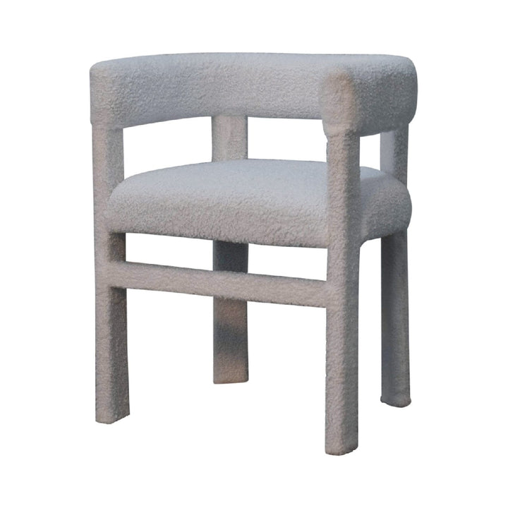 White Boucle Occasional Chair in Solid Mango Wood - product view 3 showing handcrafted solid mango wood chair