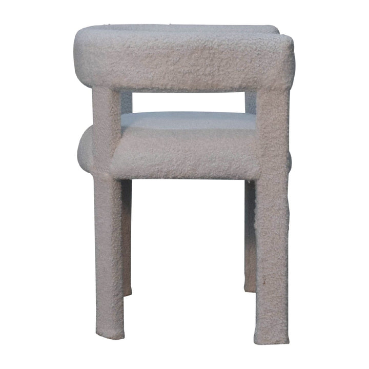 White Boucle Occasional Chair in Solid Mango Wood - product view 9 showing handcrafted solid mango wood chair