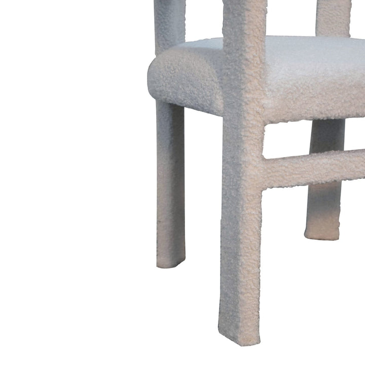 White Boucle Occasional Chair in Solid Mango Wood - product view 8 showing handcrafted solid mango wood chair