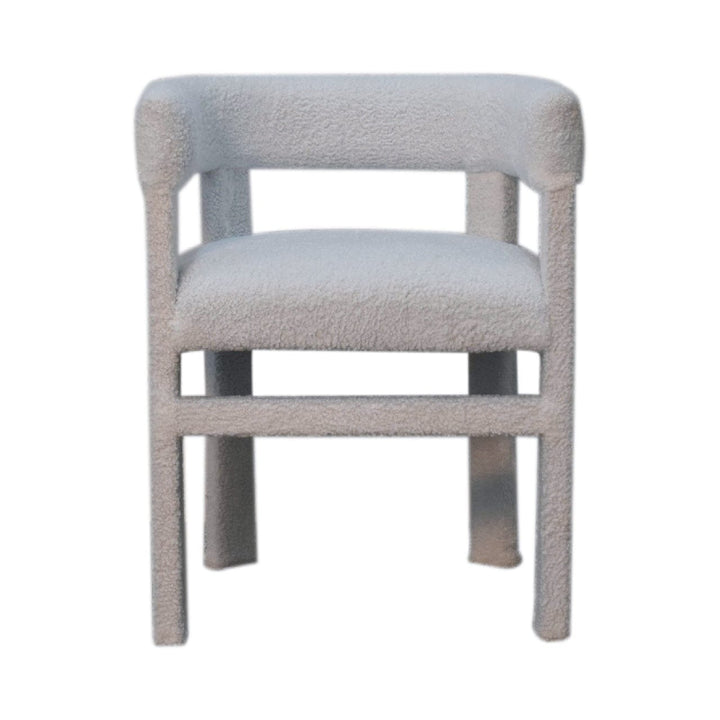 White Boucle Occasional Chair in Solid Mango Wood - product view 2 showing handcrafted solid mango wood chair