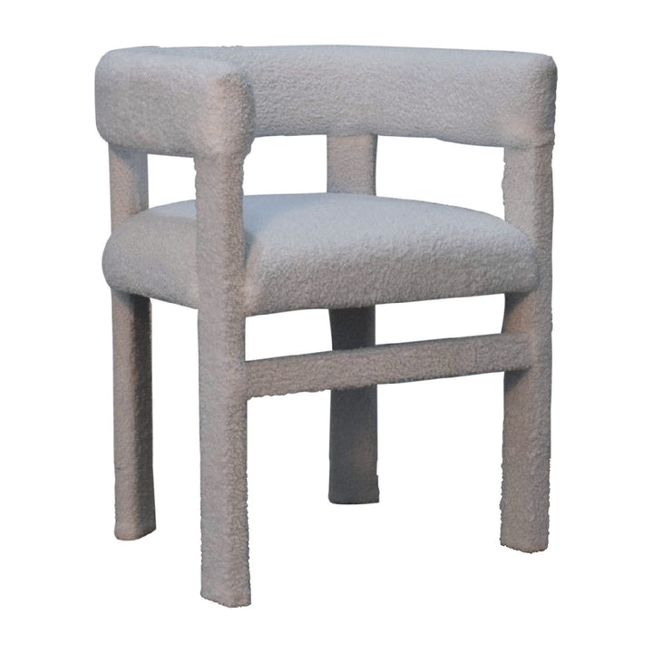 White Boucle Occasional Chair in Solid Mango Wood - product view 4 showing handcrafted solid mango wood chair