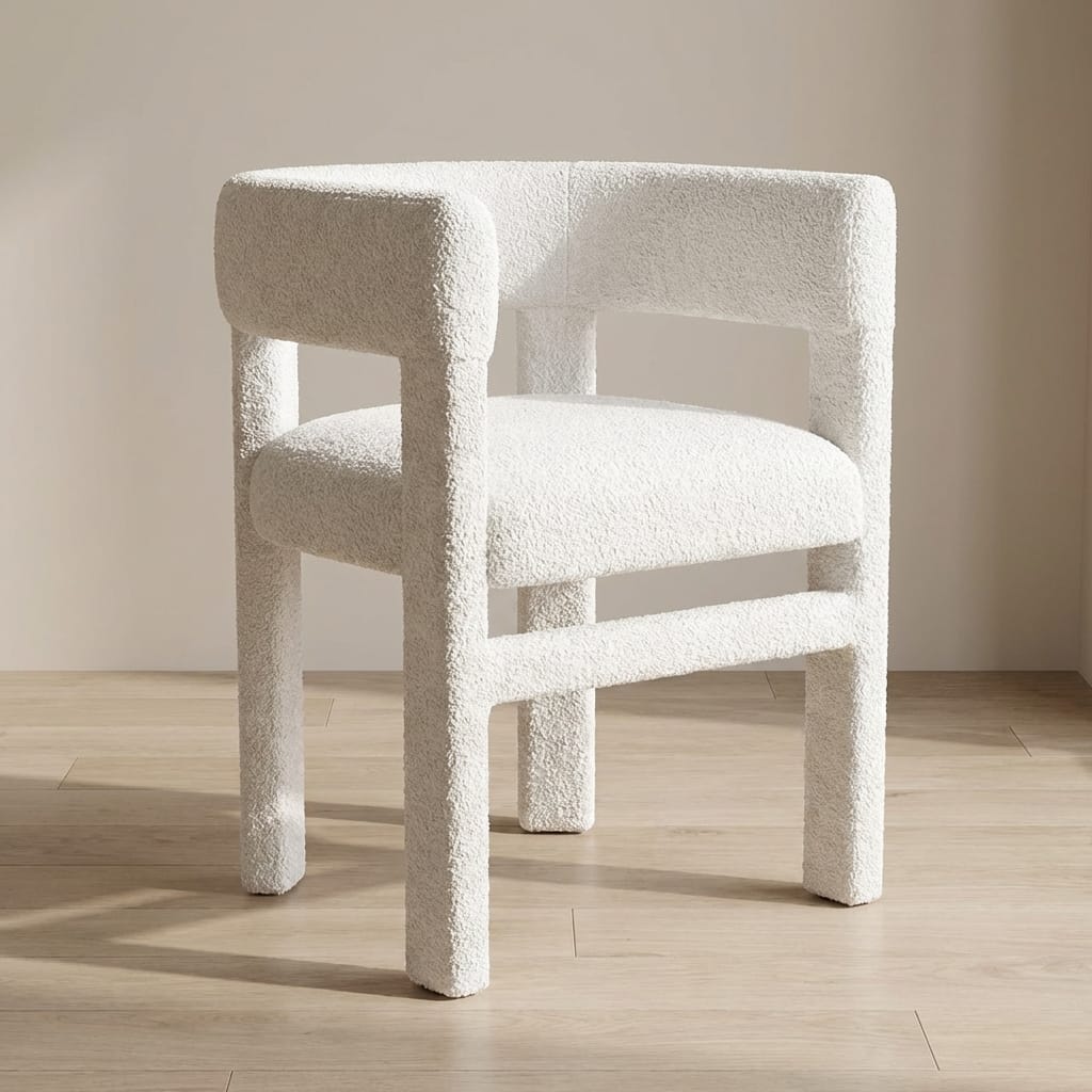 White Boucle Occasional Chair in Solid Mango Wood - main view showing handcrafted solid mango wood chair
