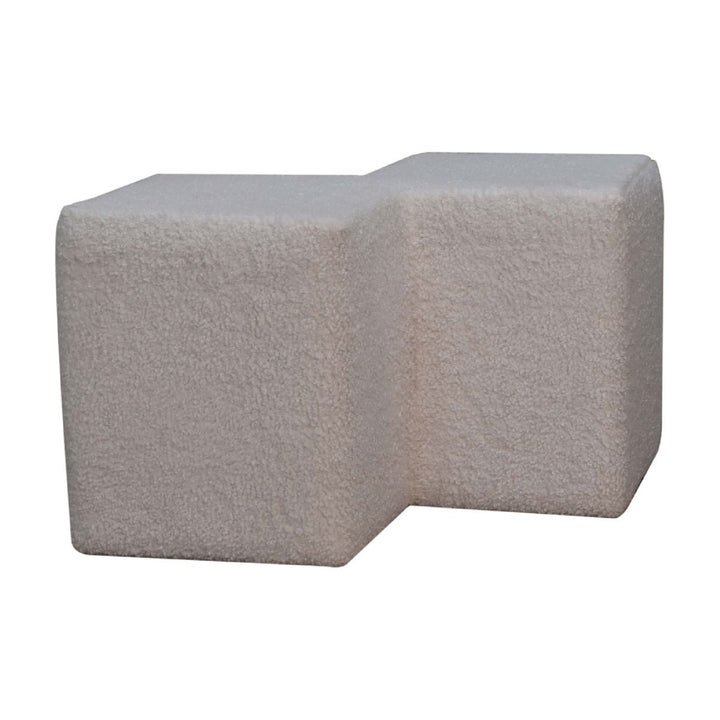 White Boucle Twin Footstool - Solid Mango Wood Accent Stool for Living Room - product view 3 showing handcrafted solid...