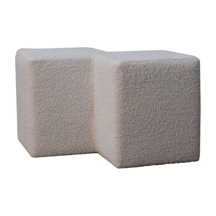 White Boucle Twin Footstool - Solid Mango Wood Accent Stool for Living Room - product view 4 showing handcrafted solid...
