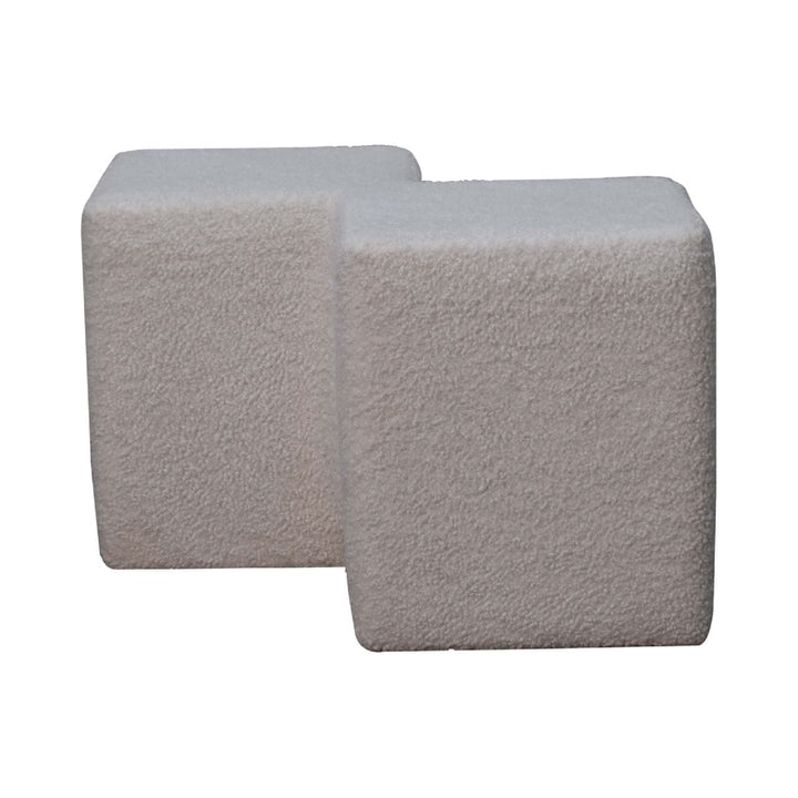 White Boucle Twin Footstool - Solid Mango Wood Accent Stool for Living Room - product view 2 showing handcrafted solid...