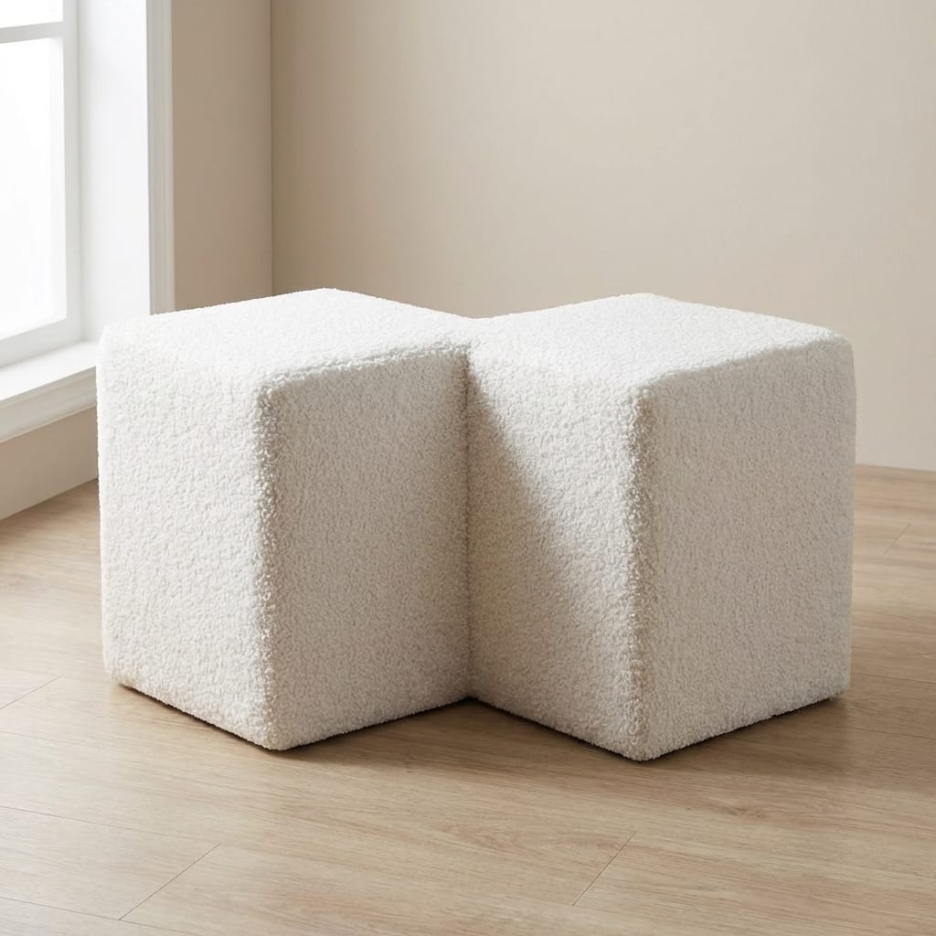 White Boucle Twin Footstool - Solid Mango Wood Accent Stool for Living Room - main view showing handcrafted solid mango...
