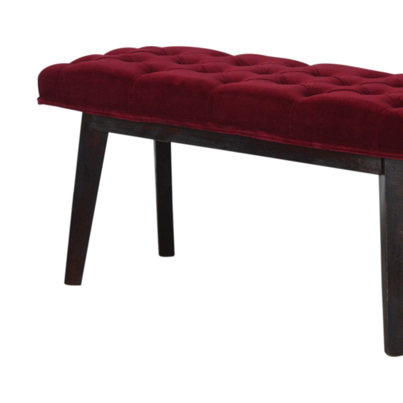 Wine Red Velvet Hallway Bench - Solid Mango Wood Seating Furniture for Entryway - product view 6 showing handcrafted...