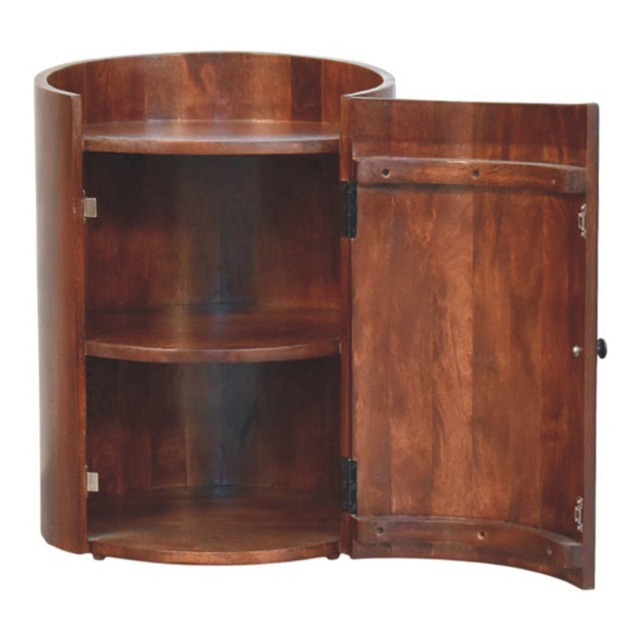Winewood Round Side Cabinet in Solid Mango Wood - product view 6 showing handcrafted solid mango wood cabinet