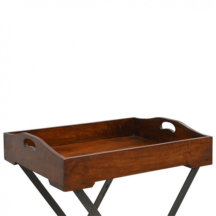 Wood Tray With Cross Iron Base in Solid Mango Wood - product view 3 showing handcrafted solid mango wood furniture