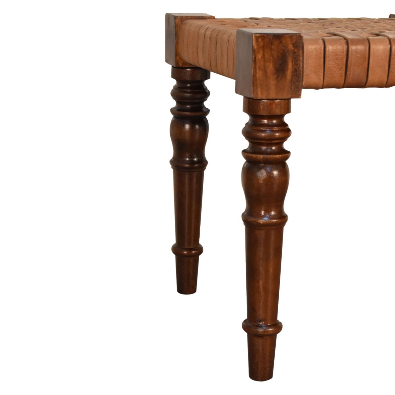 Woven Leather Footstool - Solid Mango Wood Accent Stool for Living Room - product view 7 showing handcrafted solid mango...