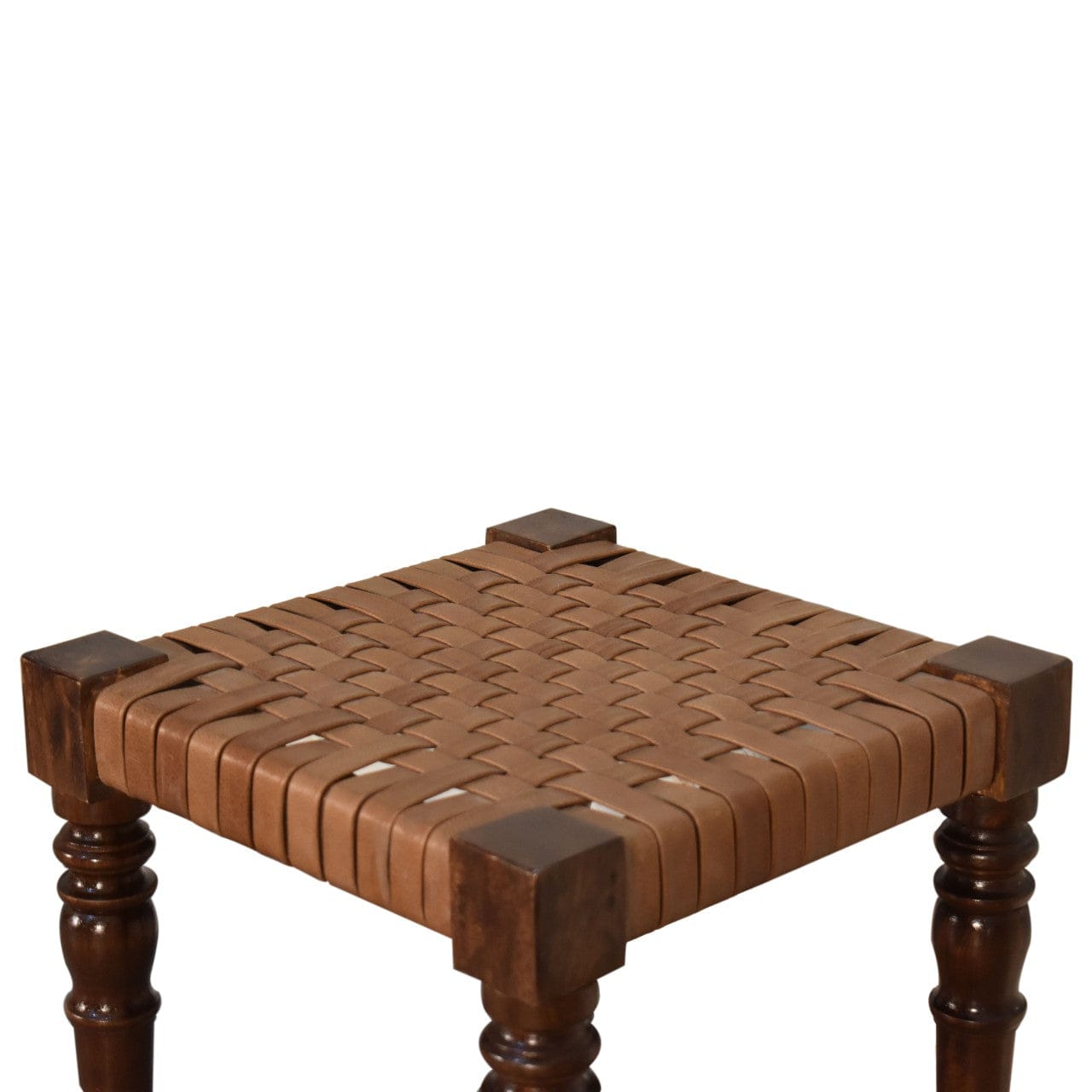 Woven Leather Footstool - Solid Mango Wood Accent Stool for Living Room - product view 6 showing handcrafted solid mango...