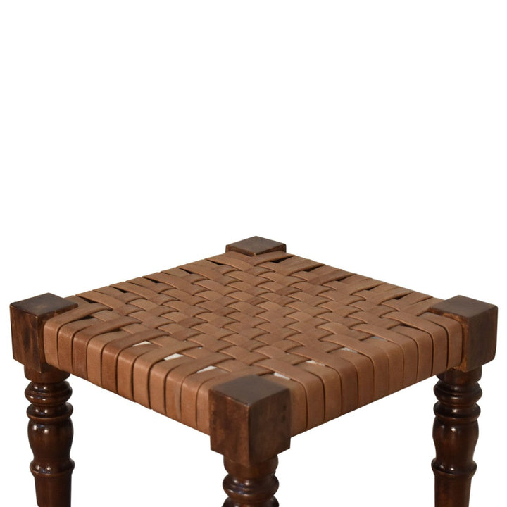 Woven Leather Footstool - Solid Mango Wood Accent Stool for Living Room - product view 6 showing handcrafted solid mango...