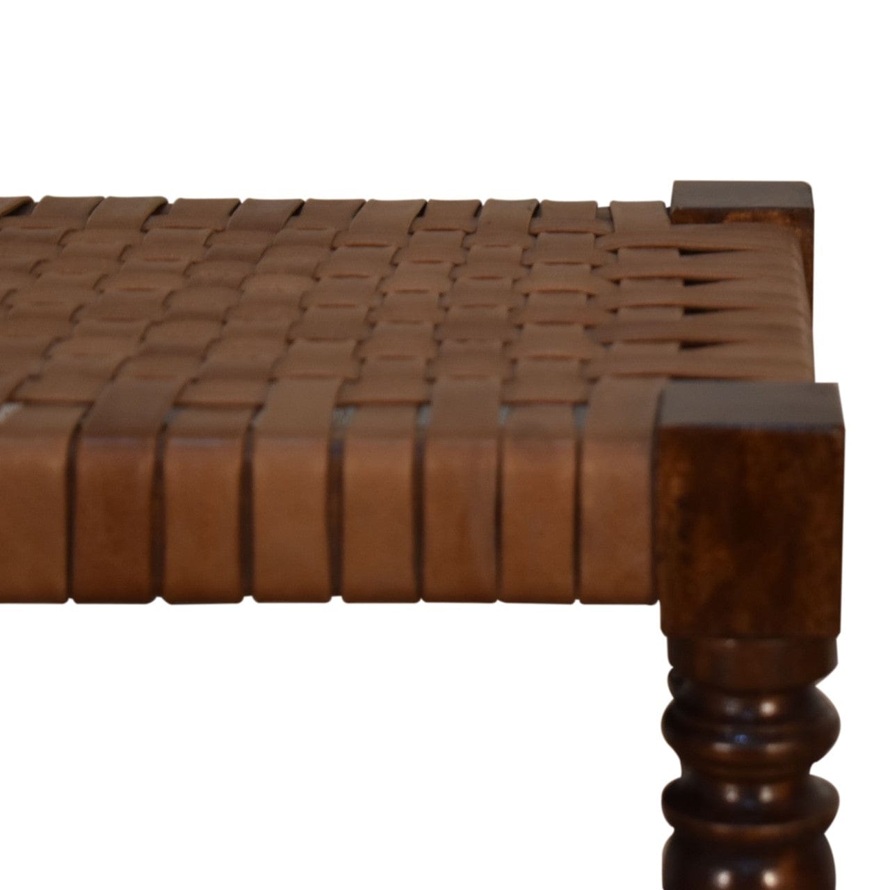 Woven Leather Footstool - Solid Mango Wood Accent Stool for Living Room - product view 4 showing handcrafted solid mango...