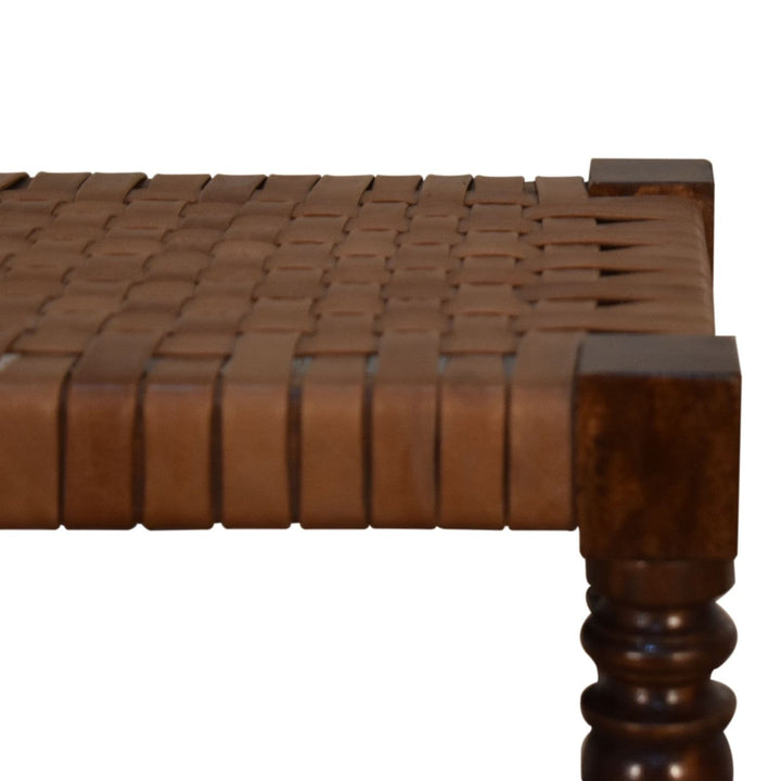 Woven Leather Footstool - Solid Mango Wood Accent Stool for Living Room - product view 4 showing handcrafted solid mango...