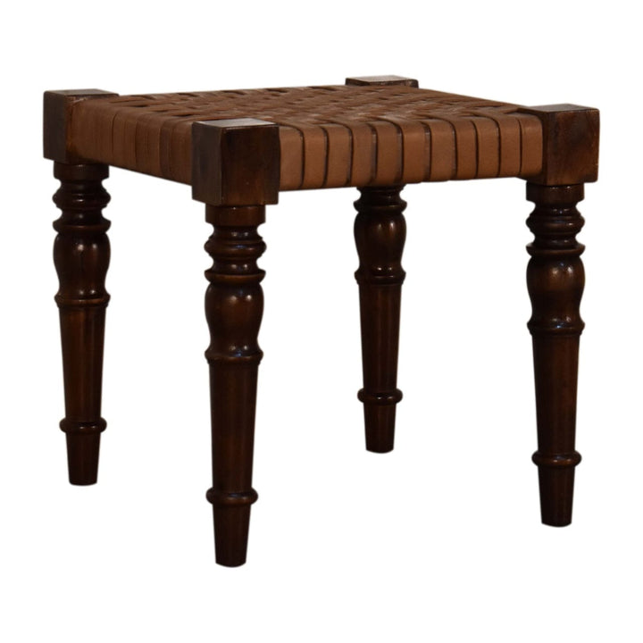 Woven Leather Footstool - Solid Mango Wood Accent Stool for Living Room - product view 2 showing handcrafted solid mango...