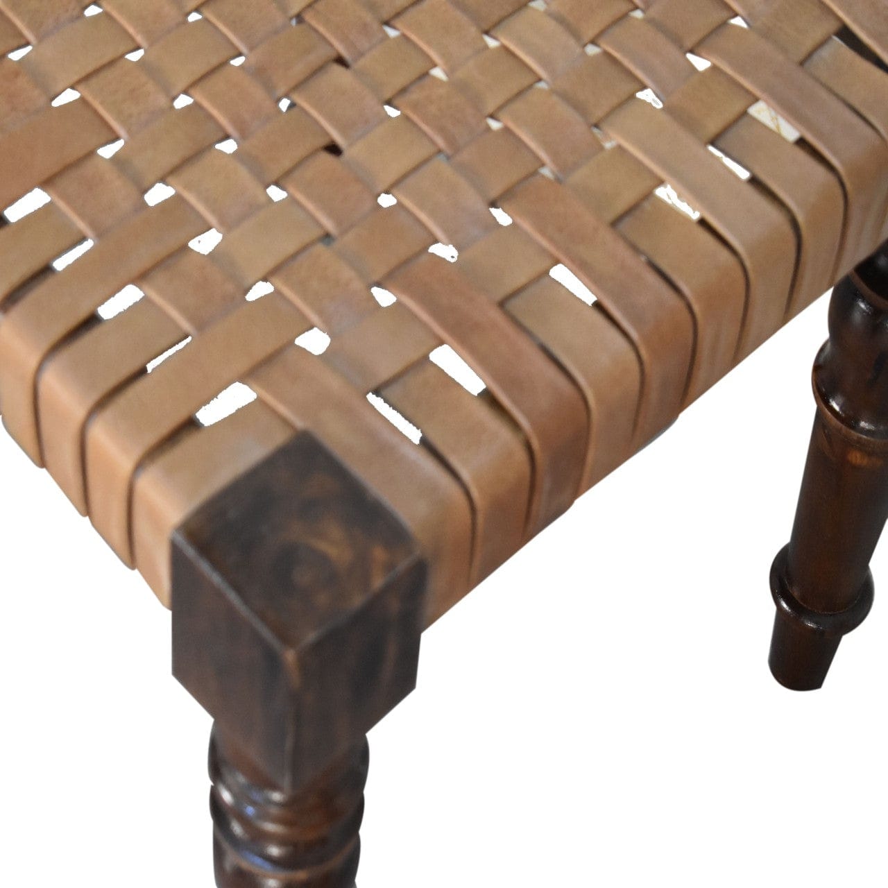 Woven Leather Footstool - Solid Mango Wood Accent Stool for Living Room - product view 3 showing handcrafted solid mango...