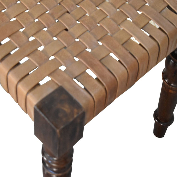 Woven Leather Footstool - Solid Mango Wood Accent Stool for Living Room - product view 3 showing handcrafted solid mango...