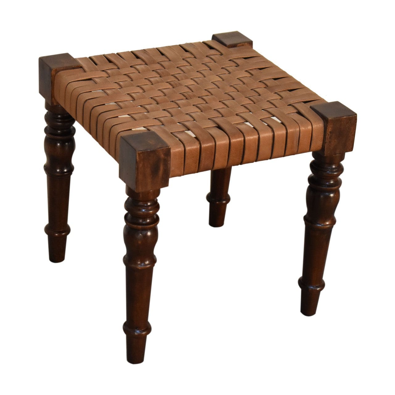 Woven Leather Footstool - Solid Mango Wood Accent Stool for Living Room - product view 5 showing handcrafted solid mango...
