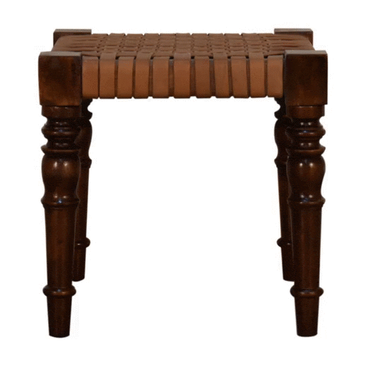 Woven Leather Footstool - Solid Mango Wood Accent Stool for Living Room - product view 8 showing handcrafted solid mango...