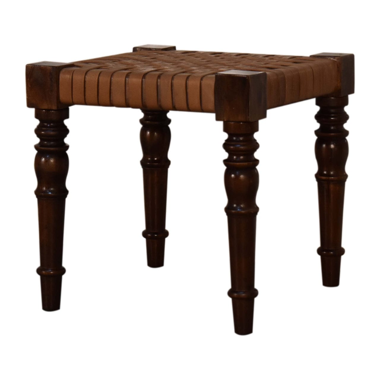 Woven Leather Footstool - Solid Mango Wood Accent Stool for Living Room - main view showing handcrafted solid mango wood...