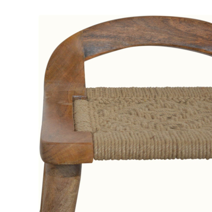 Woven Raised Back Stool - Solid Mango Wood Accent Seating - product view 5 showing handcrafted solid mango wood stool