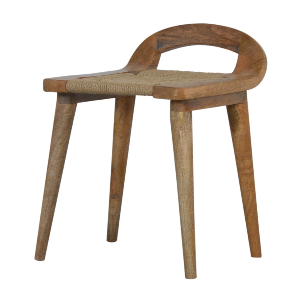 Woven Raised Back Stool - Solid Mango Wood Accent Seating - main view showing handcrafted solid mango wood stool
