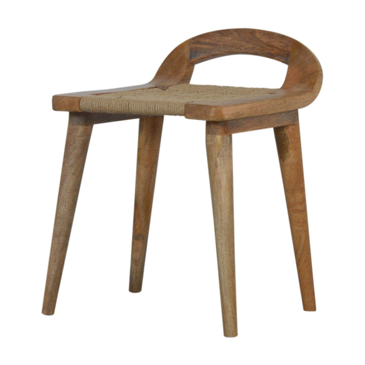 Woven Raised Back Stool - Solid Mango Wood Accent Seating - main view showing handcrafted solid mango wood stool