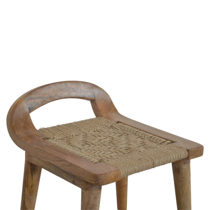 Woven Raised Back Stool - Solid Mango Wood Accent Seating - product view 3 showing handcrafted solid mango wood stool