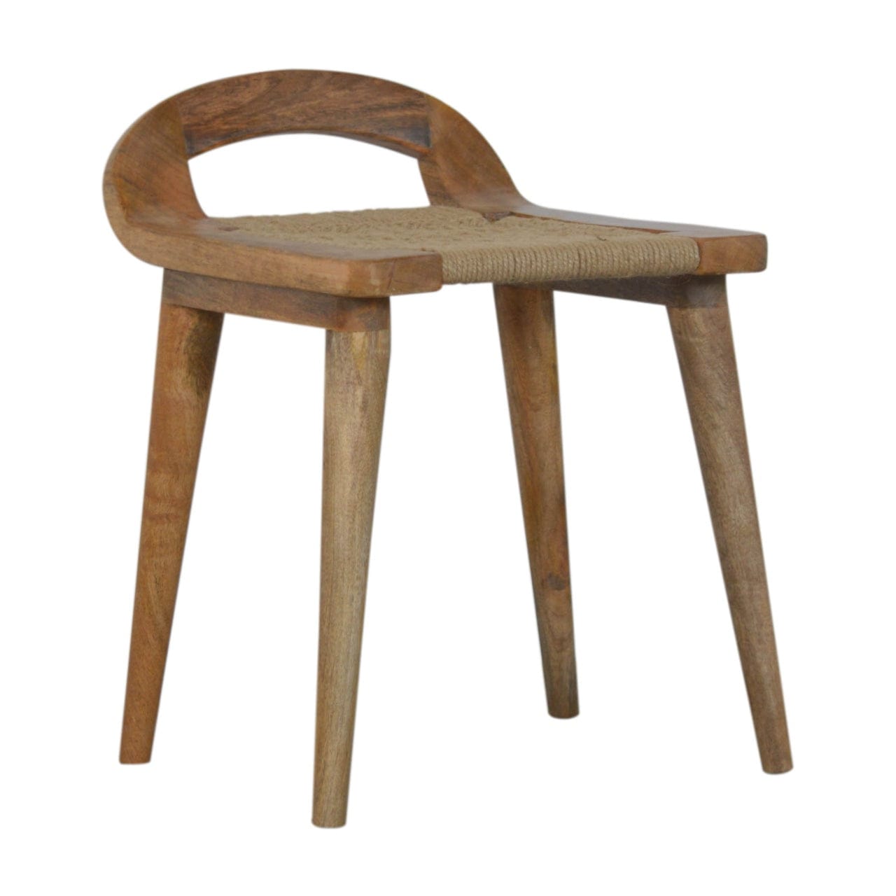 Woven Raised Back Stool - Solid Mango Wood Accent Seating - product view 2 showing handcrafted solid mango wood stool