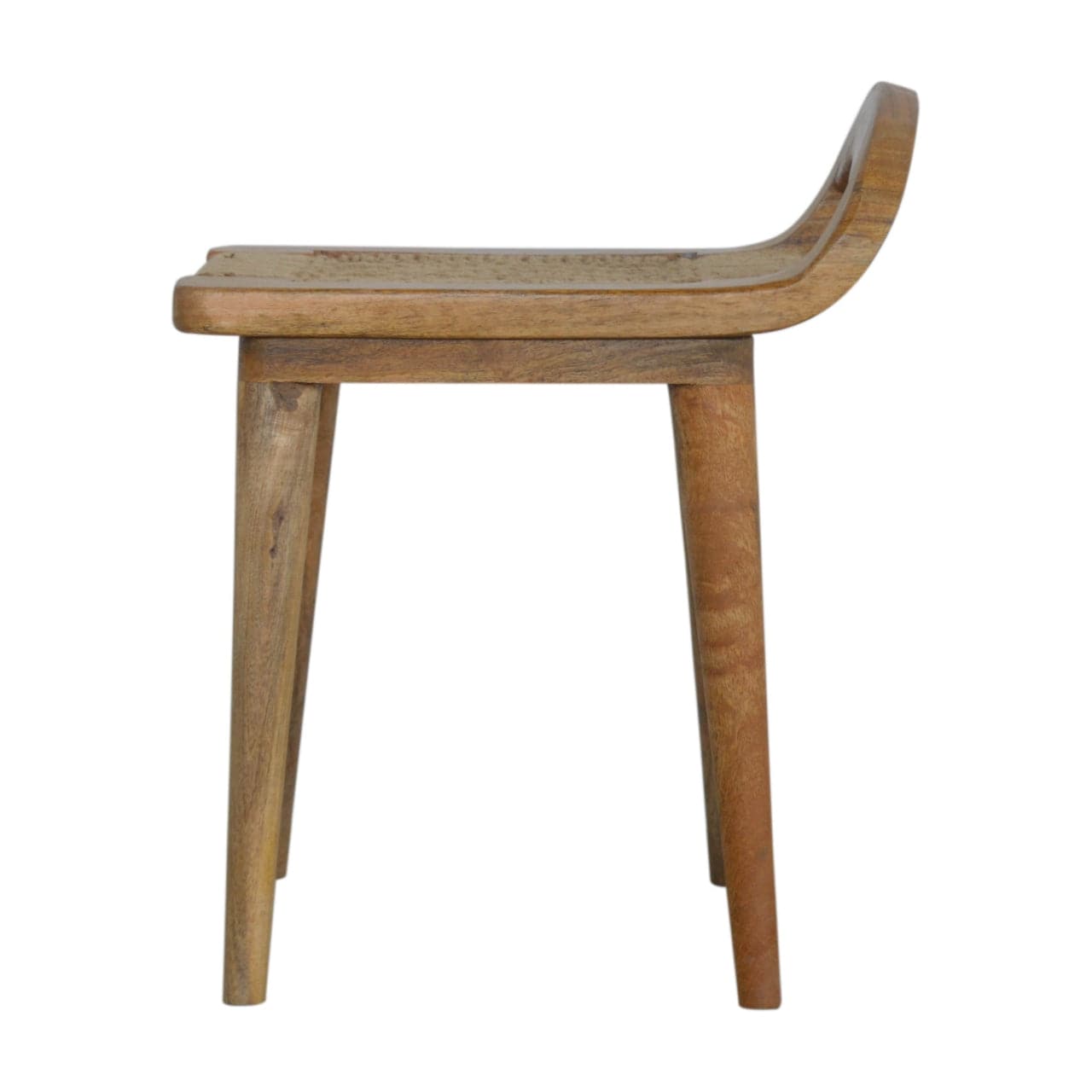 Woven Raised Back Stool - Solid Mango Wood Accent Seating - product view 7 showing handcrafted solid mango wood stool