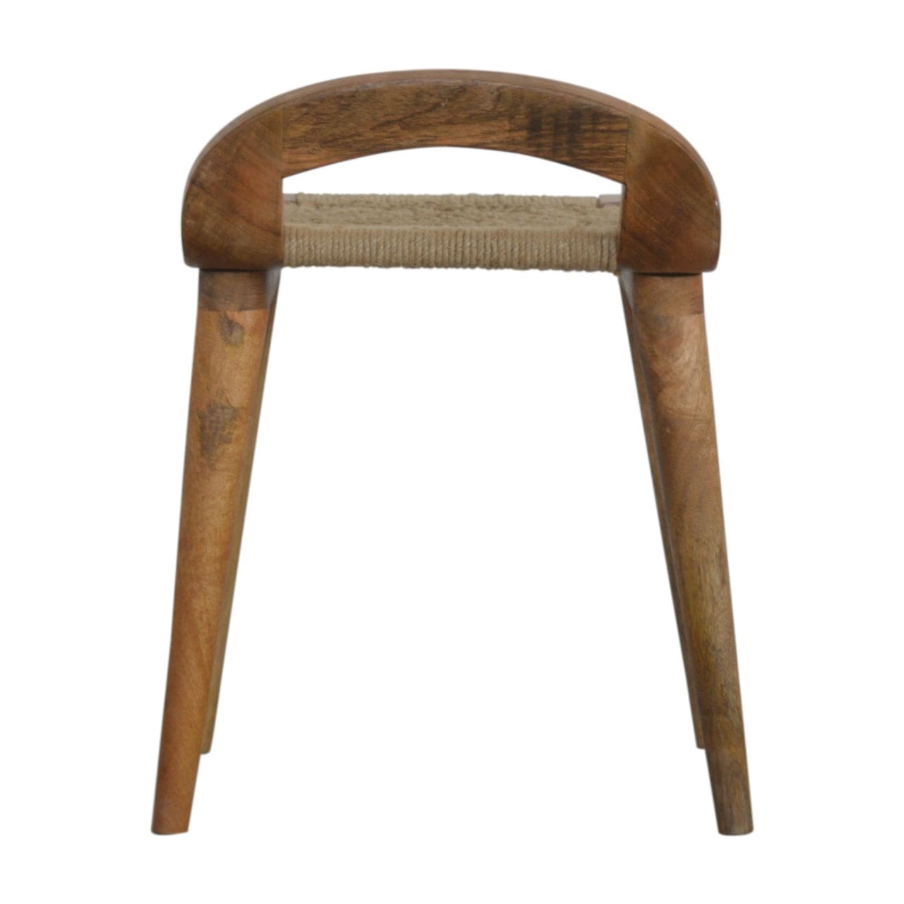Woven Raised Back Stool - Solid Mango Wood Accent Seating - product view 8 showing handcrafted solid mango wood stool