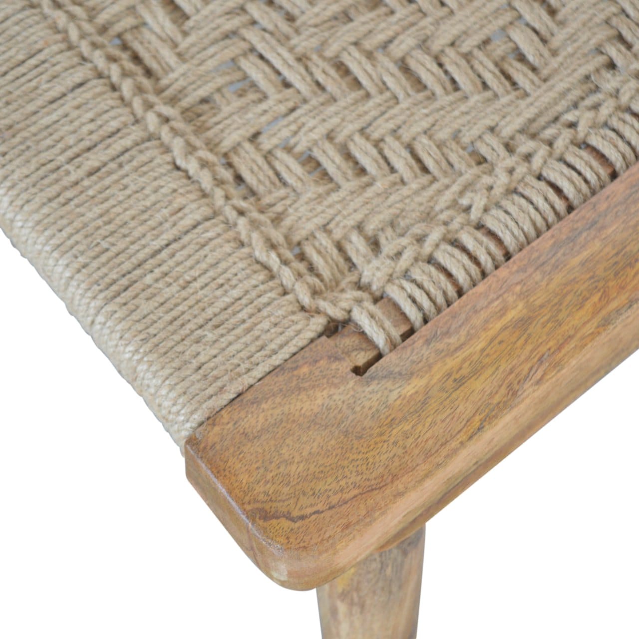 Woven Raised Back Stool - Solid Mango Wood Accent Seating - product view 4 showing handcrafted solid mango wood stool