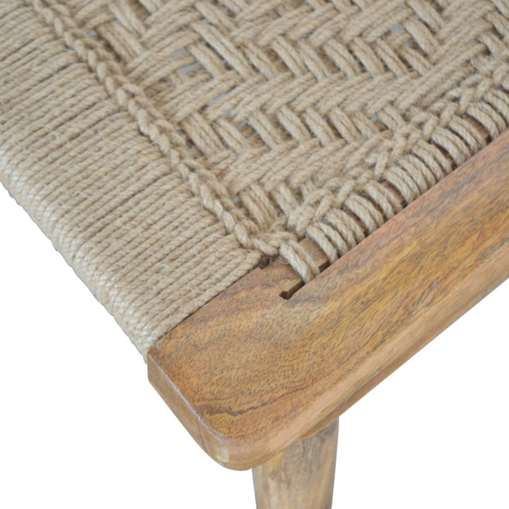 Woven Raised Back Stool - Solid Mango Wood Accent Seating - product view 4 showing handcrafted solid mango wood stool
