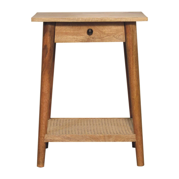 Woven Solid Wood End Table - Solid Mango Wood Side Table for Living Room - main view showing handcrafted solid mango wood...