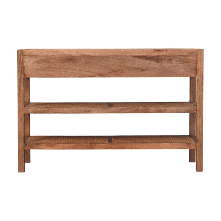 Woven Tier Console Table - Entryway & Hallway Table in Solid Mango Wood - product view 9 showing handcrafted solid mango...