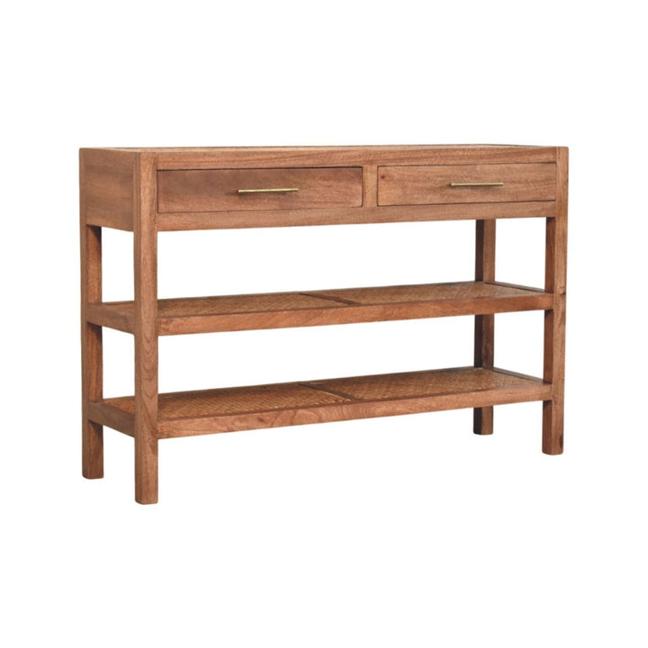 Woven Tier Console Table - Entryway & Hallway Table in Solid Mango Wood - product view 3 showing handcrafted solid mango...